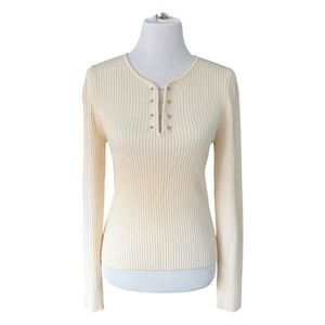 Derek Lam 10 Crosby Women’s Ribbed Wool Henley Cream V-Neck Barbell Sweater